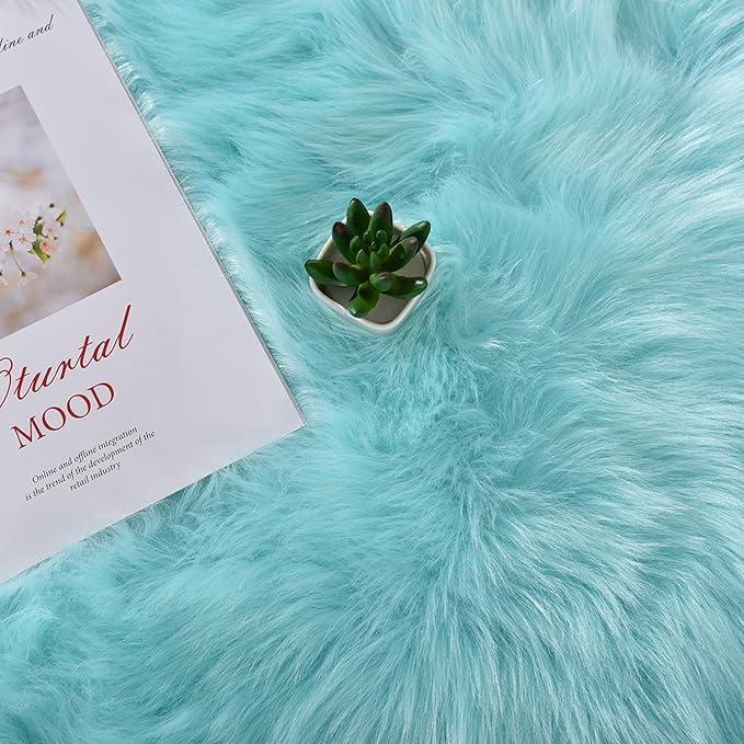 Latepis Light Blue Fur Round Rug 3ft Faux Sheepskin Circle Rug - Image 6