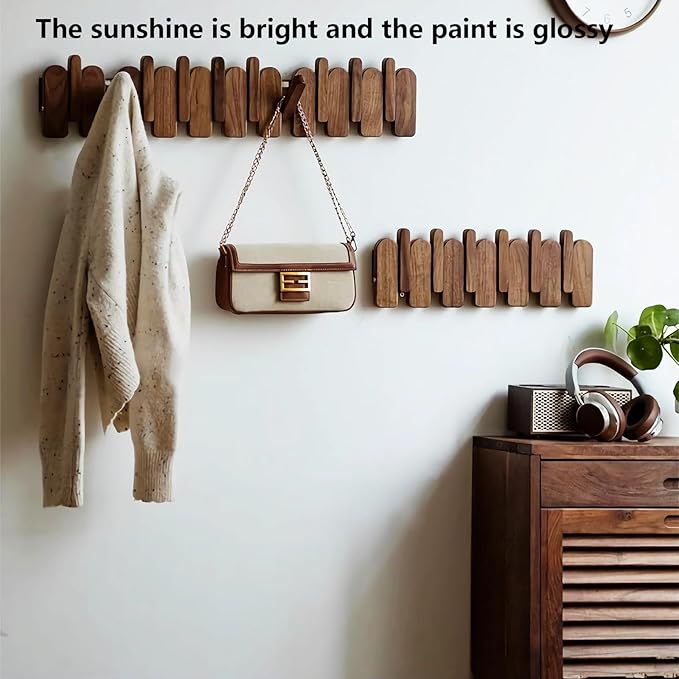 Wall Mounted Piano Key Hanger | Flip Style Hook | Entrance Wall Art Hook, Made of Oak Wood (3 Times Painted, 4 Times Polished) (Arc Walnut, 12Hooks)