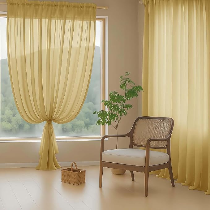 Gold Sheer Curtains 84 Inches Long 2 Panels, Elegant Airy Transparent Light - Image 8