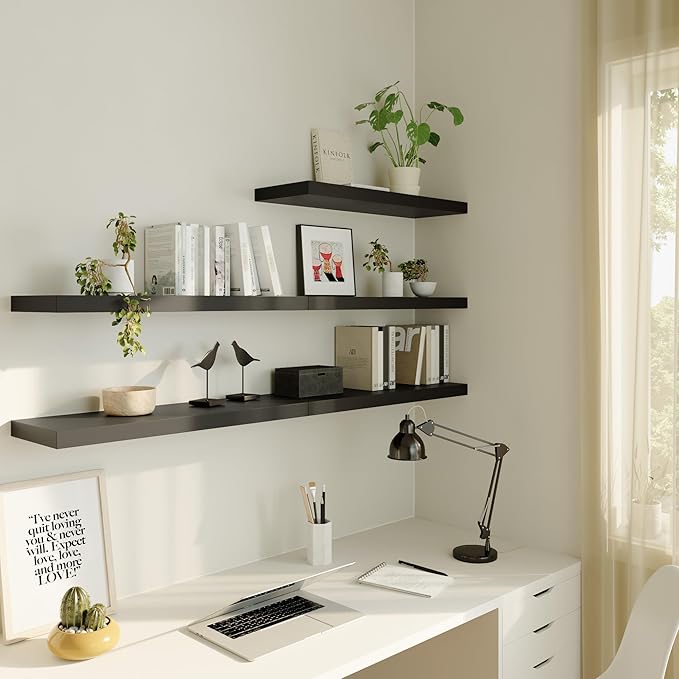 Large Floating Shelves for Wall Set of 3 Wooden Wall Shelves 36 in x 12.75 in x 2 in Room Decor Long Shelf with Invisible Wall Mount Bracket for Bedroom Kitchen Living Room Black