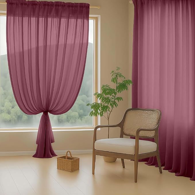 Burgundy Sheer Curtains 63 Inch Length 2 Panels, Voile Sheer Curtain - Image 8