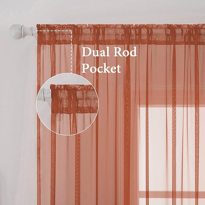 MIULEE Fall Burnt Orange Sheer Curtains 54 X 54 Inches, 2 Panels | Solid Color - Image 2