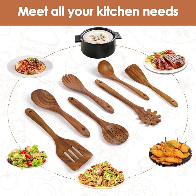 comfoyar Teak Wooden Spoons for Cooking, 7 Pieces Kitchen Cooking Utenails Set with Spatula and Ladle, Heat Resistant Kitchen Cookware for Nonstick Pan