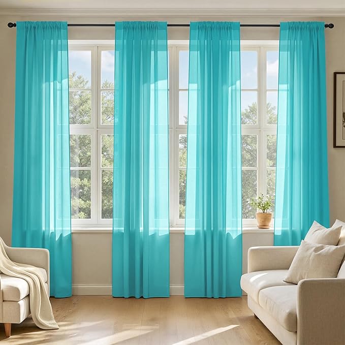 MIULEE Turquoise Sheer Curtains 90 Inches Long 4 Panels 42 x 90 Inches | Light by MIULEE