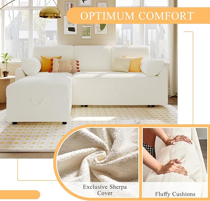VanAcc Sofa Bed, Sleeper Sofa- 2 in 1 Pull Out Couch Bed with Storage Chaise for Living Room, White Sherpa 84in x 59in x 39in