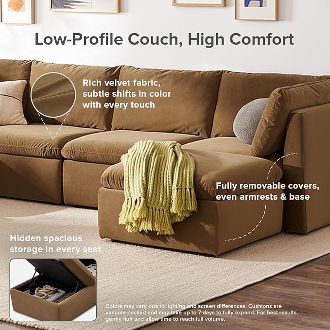 mopio Oversized Modular Sectional Sofa with Fully Removable Covers and Storage, Convertible U, L-Shaped and Sleeper Sectional, Modern Couches with Ottoman Chaise (Hazelnut Velvet, 4 Seats, L)