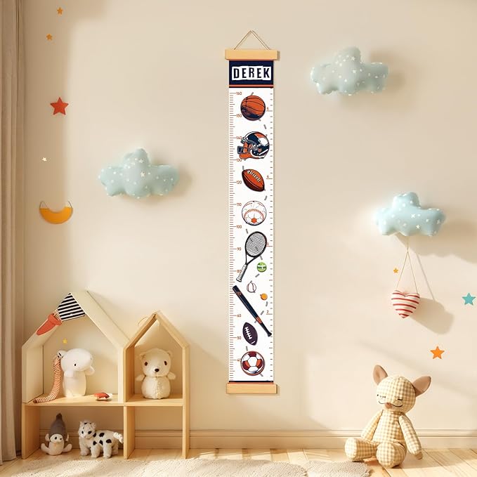 Personalized Name Growth Chart Wall Decor for Kids – Canvas Removable Height Chart Measuring Ruler 59" x 7.9" (Balls)