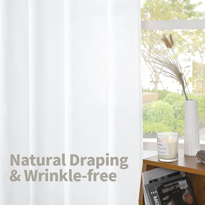 Extra Long White Linen Semi Sheer Curtains 90 Inch Length 2 Panels | Light - Image 4