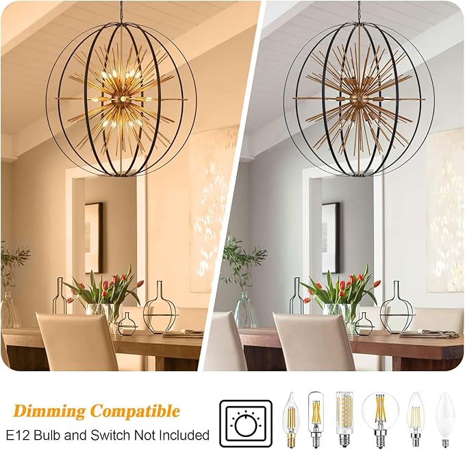 43.3" Black Gold 18-Light Globe Sputnik Chandelier Modern Adjustable Hanging Ceiling Firework Pendant Light Fixture for Entryway Foyer Stairway Kitchen Dining Living Room Hallway