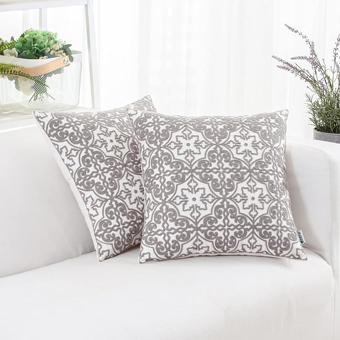 HWY 50 Grey Gray Decorative Throw Pillow Covers 18x18 Inch, Pack of 2 Embroidered Cotton Farmhouse Cushion Cover Pillow Case for Sofa Couch Living Room Bed Bedroon, Modern Pattern