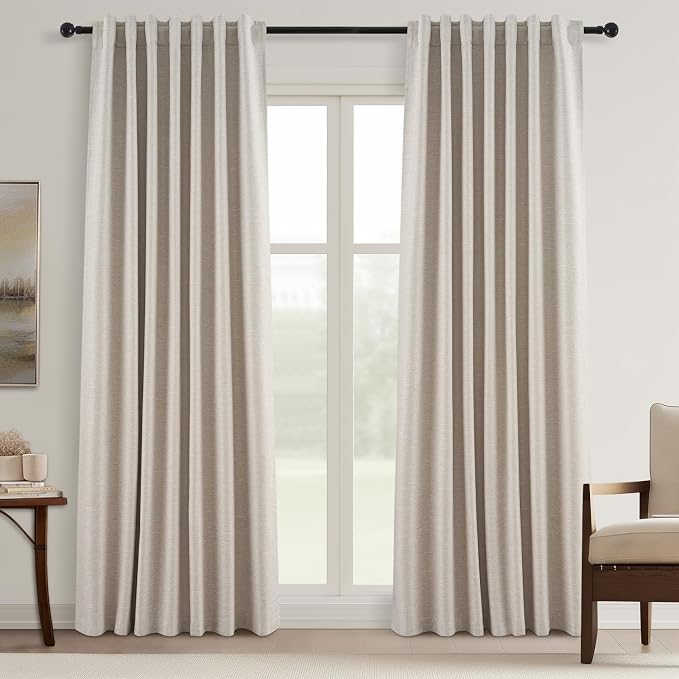 Topfinel 100 Inch Long Black Out Burlap Custom Curtains, Natural Linen Tweed by Topfinel