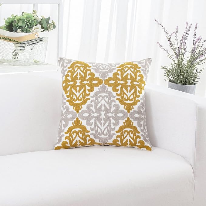HWY 50 Mustard Yellow Decorative Throw Pillow Covers 18x18 Inch, Pack of 2 Embroidered Cotton Farmhouse Cushion Cover Pillow Case for Sofa Couch Living Room Bed Bedroon, Accent Geometric