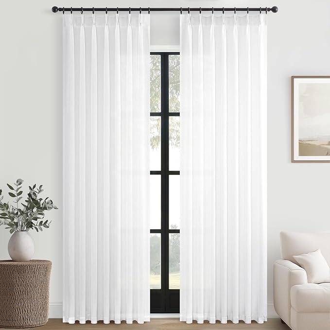 Topfinel 102 Inches Long Beige White Pinch Pleated Sheer Curtains - Image 9