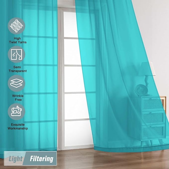 Turquoise Sheer Curtains for Window 72 inches Long 2 Panels Set, Soft Airy - Image 5