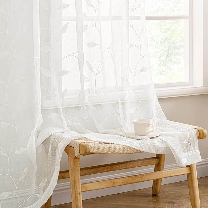 MIULEE Ivory Sheer Curtains 2 Panels Embroidered Leaf Patterned, W52 x L63 | by MIULEE