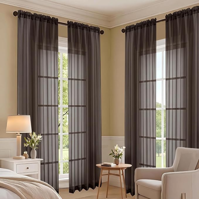 Chocolate Sheer Curtains 84 Inches Long 2 Panels Set, Light Filtering Sheer - Image 7