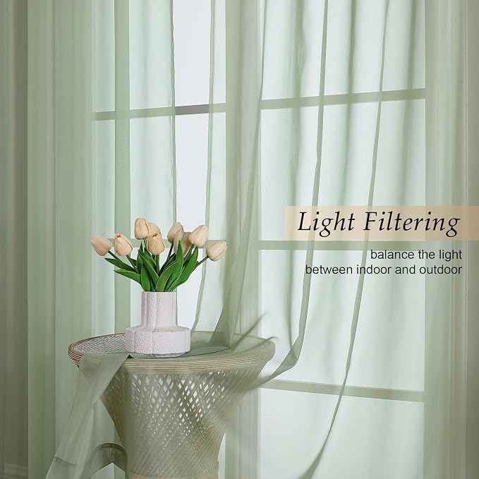 Sage Green Sheer Curtains for Bedroom Living Room 96 Inches Long 2 Panels - Image 2