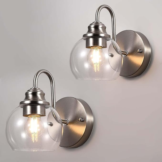 Farmhouse Gooseneck Wall Sconces Set of Two, Bathroom Brushed Nickel Vanity Light, Modern Indoor Wall Light Fixtures with Clear Glass for Bathroom Beside Mirror Living Room Hallway(Brushed Nickel)