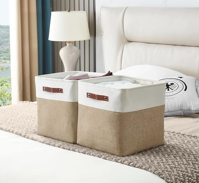 DECOMOMO Storage Cubes, 12x12 Storage Bins, Baskets for Shelves (Beige & White, Cube 12" - 4 Pack)