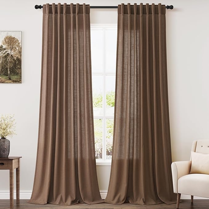 Extra Long Caramel Brown Linen Curtain 108 Inches Long 2 Panels Set Back Tab by Nanspring