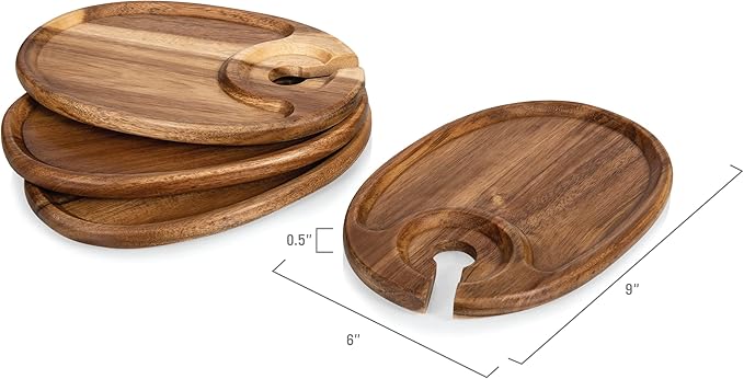 PICNIC TIME TOSCANA -Wine Appetizer Plates, Cocktail Plate with Glass Holder, Cheese Board with Wine Holder, (Acacia Wood), 9 x 6, Set of 4