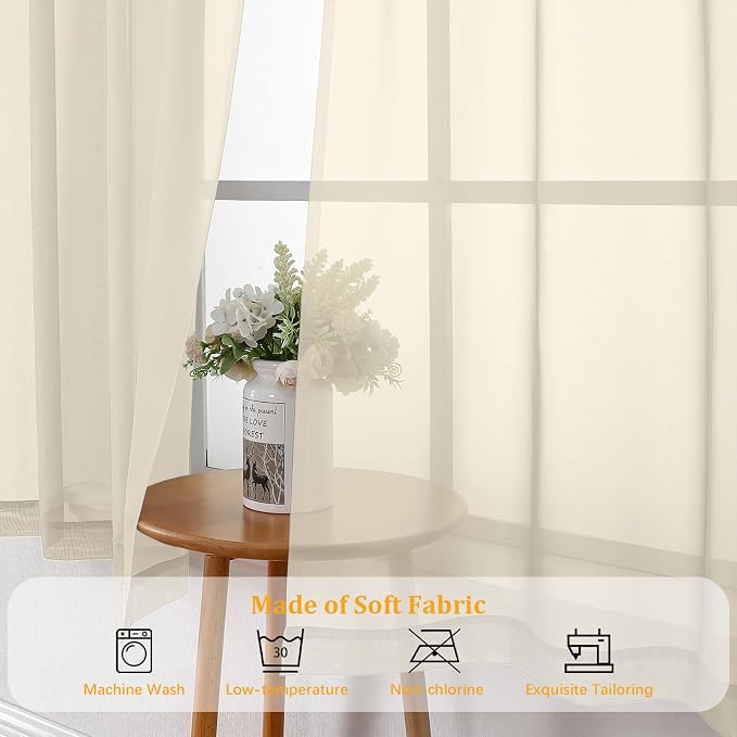 Gwine Cream Sheer Curtains 68 Inches Long 2 Panels Set, Light Filtering Sheer - Image 7