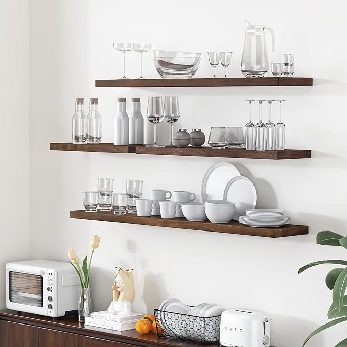 Fun Memories Floating Shelves for Wall, 55"x9.3" Rustic Solid Elm Wood Shelves, Heavy-Duty Wall Mounted Shelves with Invisible Brackets for Living Room, Bedroom, Kitchen, Walnut Finish