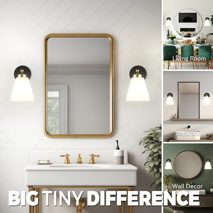 Hamilyeah Black and Gold Wall Sconces Set of 2, Modern Industrial Bathroom Sconces Wall Lighting with Milk Glass Shade, Wall Sconce Lighting Fixture for Living Room, Kitchen, Fireplace, Hallway