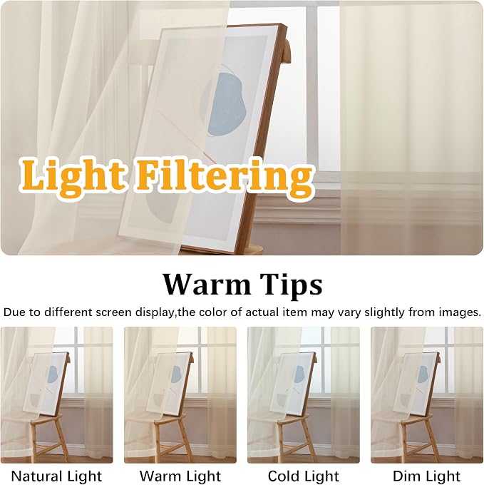 Gwine Cream Sheer Curtains 90 Inches Long 2 Panels Set, Light Filtering Solid - Image 5