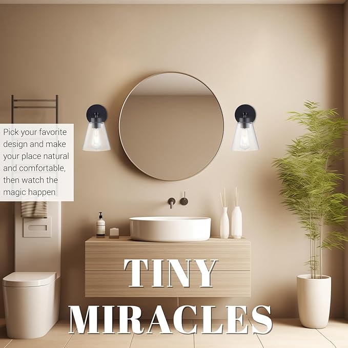 Hamilyeah Black Bathroom Sconces Wall Lighting, Farmhouse Wall Sconces Set of 2, Industrial Black Sconces with Clear Glass Shade for Living Room, Kitchen, Hallway