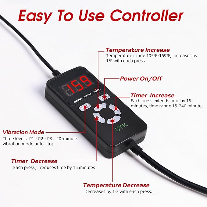 UTK Vibrating Far Infrared Heating Pad for Back Pain Relief, Hot to 159℉, Lower Back Massager Gift for Women Men, FSA-HSA Eligible, 3 Vibration, 16 Timers Auto-Off, 20 Jades, 35-55" Adjustable Size