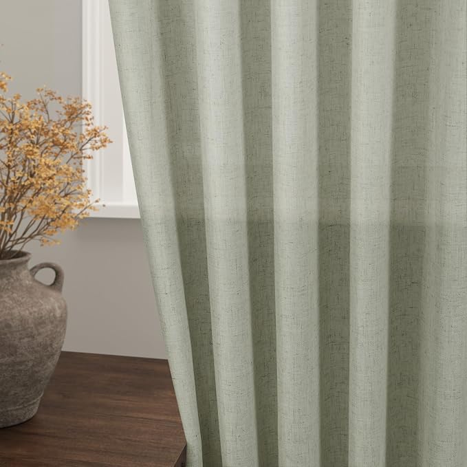 Sage Green Large Window Curtains Light Filtering Semi Sheer Privacy Linen - Image 2