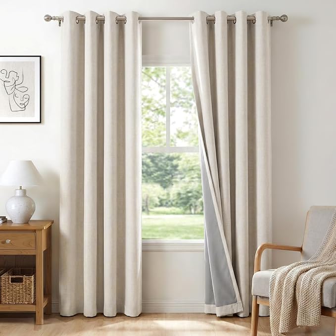 100% Blackout Linen Textured Curtains 72 Inch Long, Light Blocking, Thermal by 100BlackoutShield