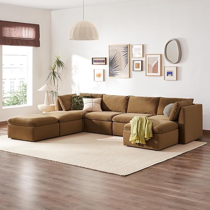 mopio Oversized Modular Sectional Sofa with Fully Removable Covers and Storage, Convertible U & L Shaped Sectionals, Modern Cloud Couch with Ottoman Chaise (Hazelnut Velvet, 7 Seats, U)