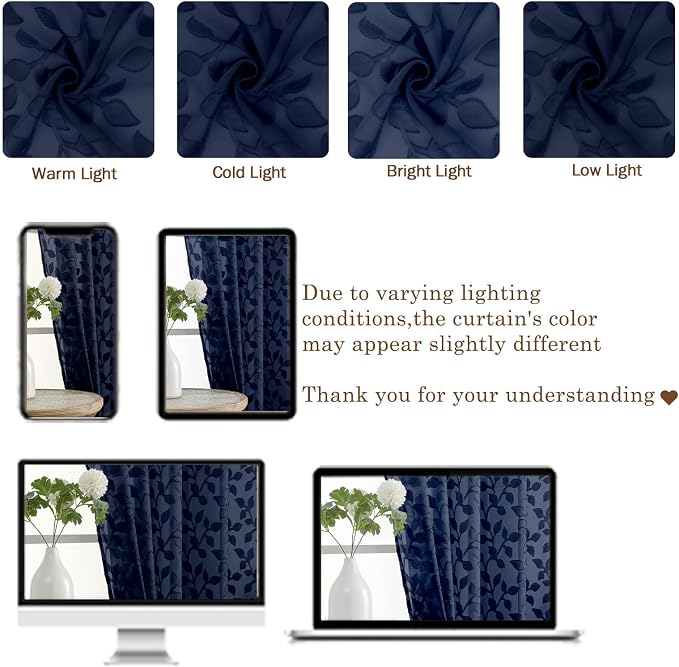 Chyhomenyc Navy Blue Sheer Curtains 36 Inch Length, Light Filtering Leaf Tufted - Image 3