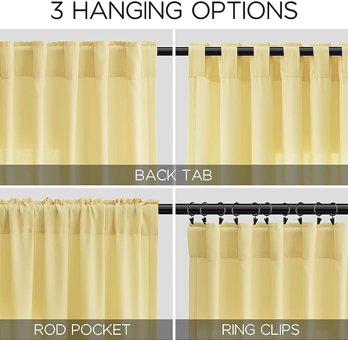 Yellow Linen Semi Sheer Curtains 120 Inches Long 2 Panels Set Back Tab Loop - Image 3