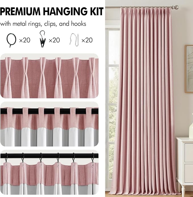 MIULEE Pink Pinch Pleated 100% Blackout Linen Curtains 40x63 Inches | Room - Image 8