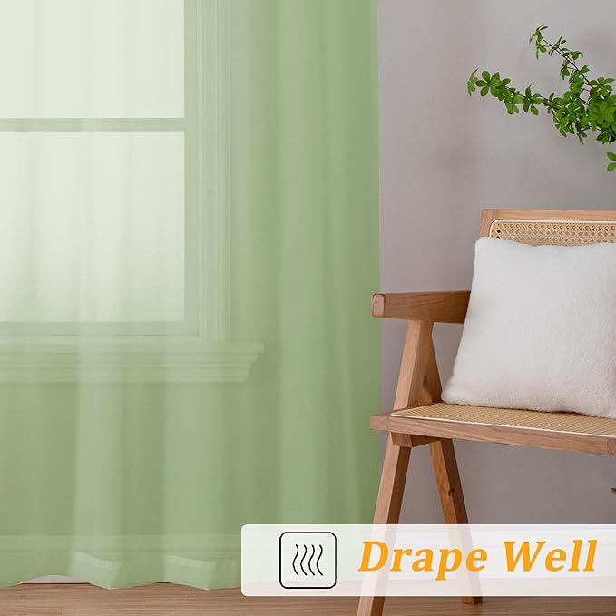 Gwine Light Green Sheer Kitchen Curtains 36 Inch Length, Light Filtering Voile - Image 6