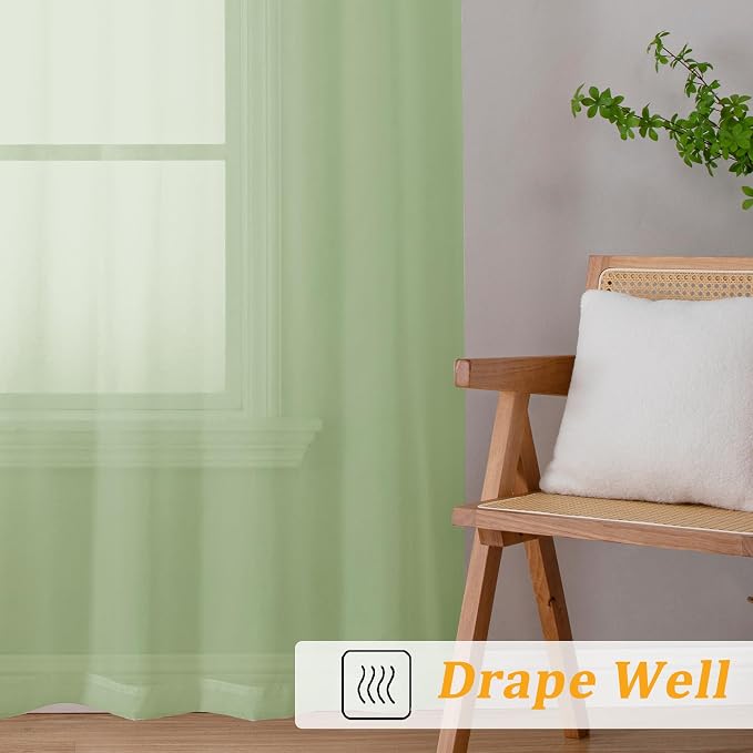 Gwine Light Green Sheer Curtains 96 Inches Long 2 Panels, Elegant Window - Image 6