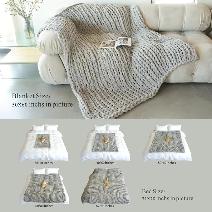 Maetoow Chenille Chunky Knit Blanket Throw （50×60 Inch）, Handmade Warm & Cozy Blanket Couch, Bed, Home Decor, Soft Breathable Fleece Banket, Christmas Thick and Giant Yarn Throws，Grey