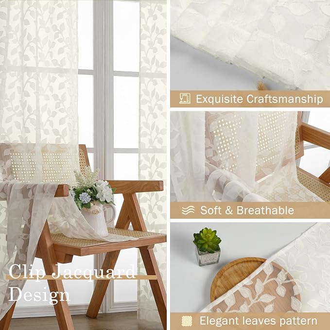 Chyhomenyc Ivory Sheer Curtains 36 Inch Length, Light Filtering Leaf Tufted - Image 7
