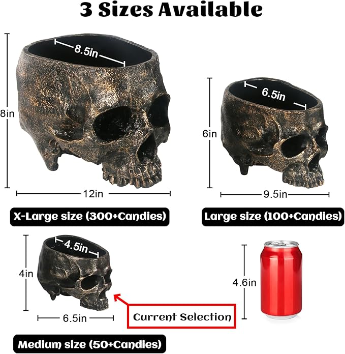 Halloween Skull Candy Dish- Deep Skull Head Halloween Candy Bowl Holder Artificial Resin Skulls Decor Indoor Outdoor Table Centerpieces Flower Pot Plant Office Pen Holder Desktop Ornaments - Bronze