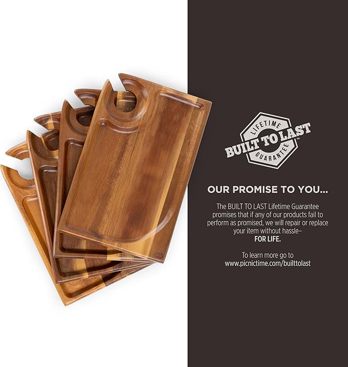 PICNIC TIME Rectangle Wine Appetizer Plates Set of 4, Cocktail Plate with Glass Holder, Cheese Board with Wine Holder, (Acacia Wood)