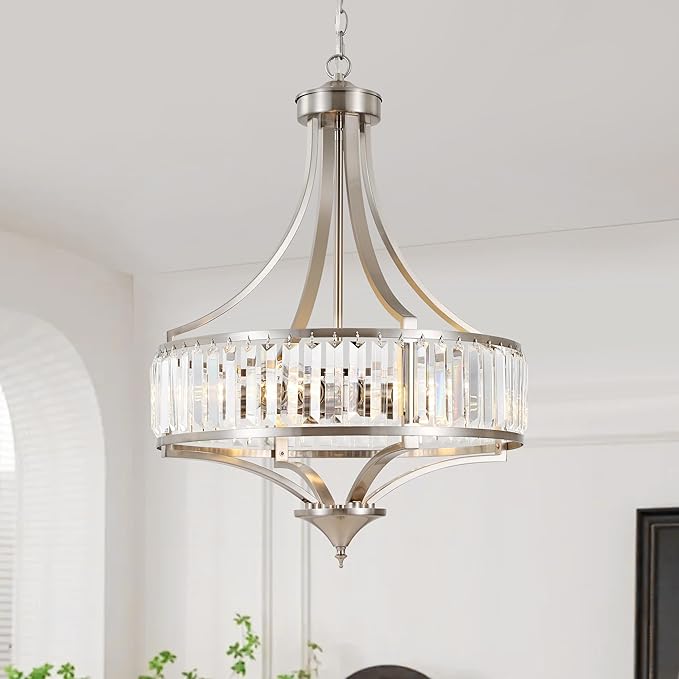 20" Brushed Nickel Chandeliers for Dining Room, 5-Light Modern Crystal Chandelier for Entryway, Hanging Round Light Fixture for Kitchen Island Living Room Bedroom Office Bathroom Staircase