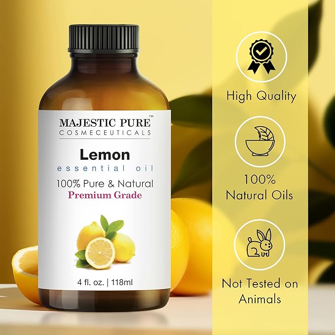 Majestic Pure Lemon Essential Oil with Glass Dropper - Huge 4 Fl Oz - 100% Pure and Natural Lemon Oil - Premium Grade Essential Oils for Diffuser, Aromatherapy, Soap and Candle Making
