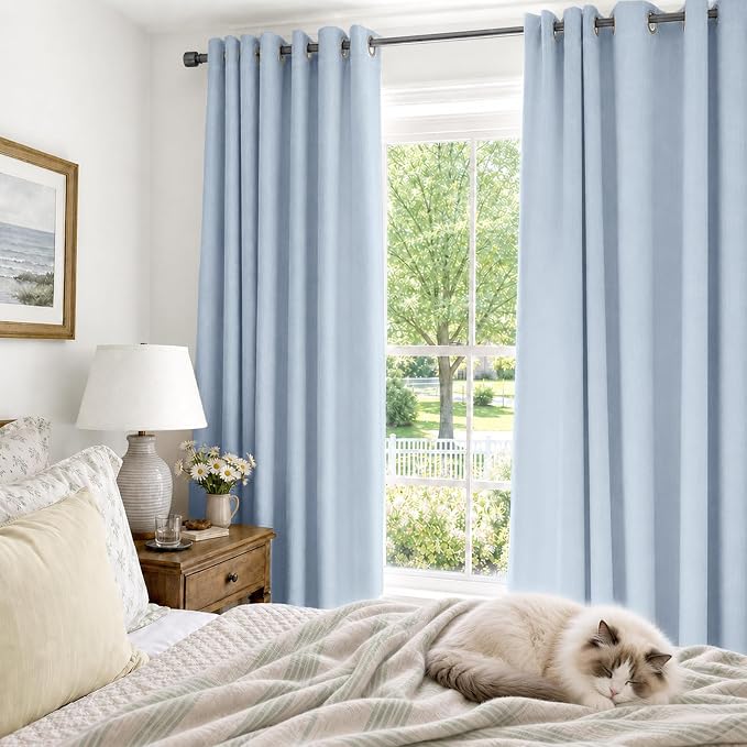 100% Blackout Linen Textured Curtains 63 Inch Long, Chambray Blue | 100% - Image 4