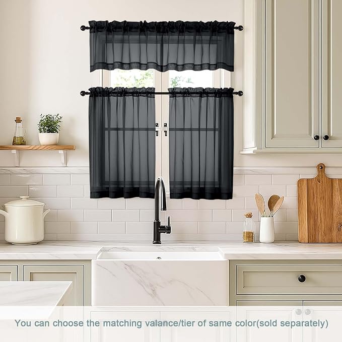 Black Sheer Curtains Tier 30 Inches Length 2 Panels Set, Light Filtering - Image 2