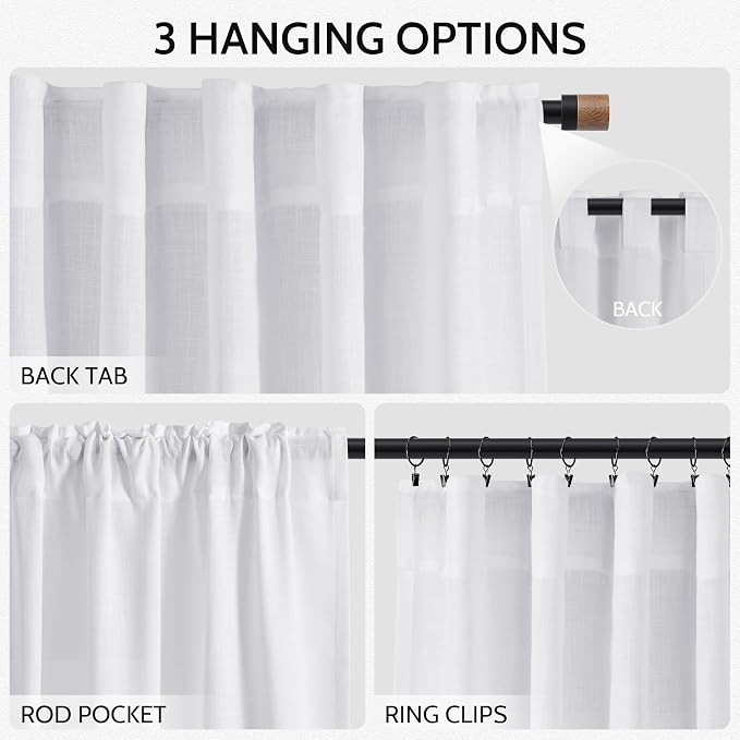 Nanspring Snow White Linen Curtains 84 Inch Length 2 Panels Set - Image 2