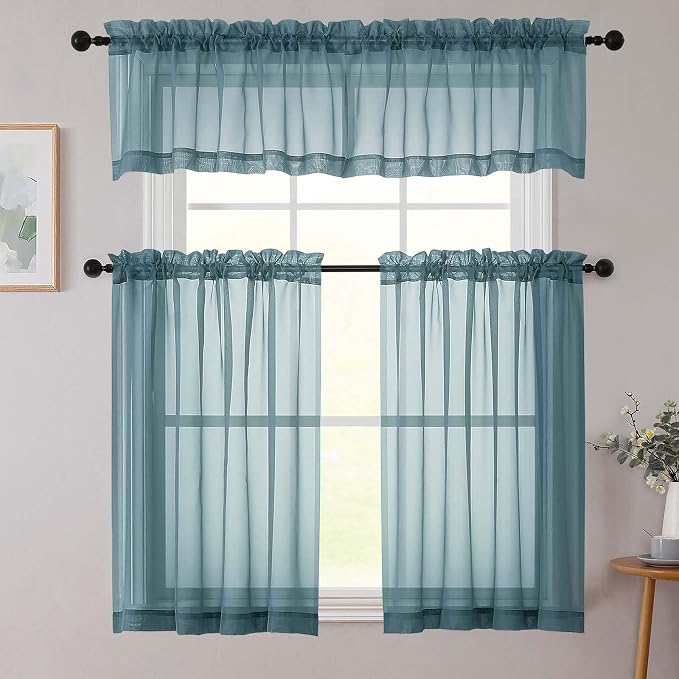Kitchen Curtains 24 Inch Length Tier 2 Pieces, Dusty Blue Sheer Curtain Solid - Image 8