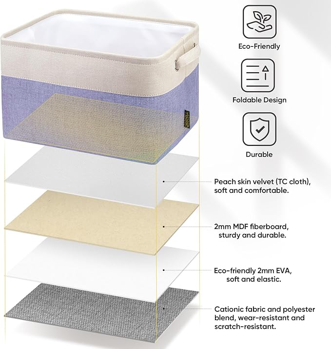 BALEINE 2 Pack Fabric Storage Bins for Shelves, Linen Storage Baskets for Organizing, Decorative Closet Bins for Clothes, Home (Lavender, 15''x11''x9.5'')